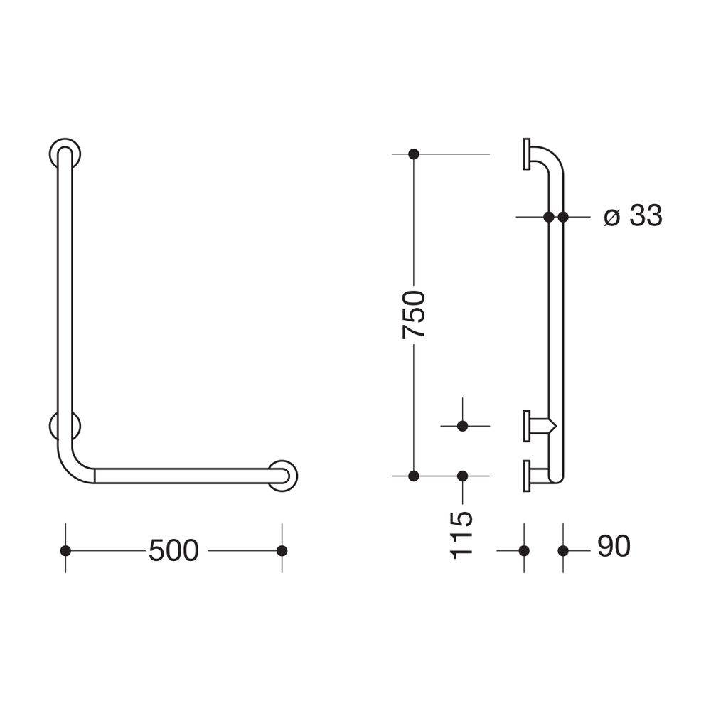 HEWI Winkelgriff Serie 805 Edelstahl, D 33mm, 750x500mm rechts-1