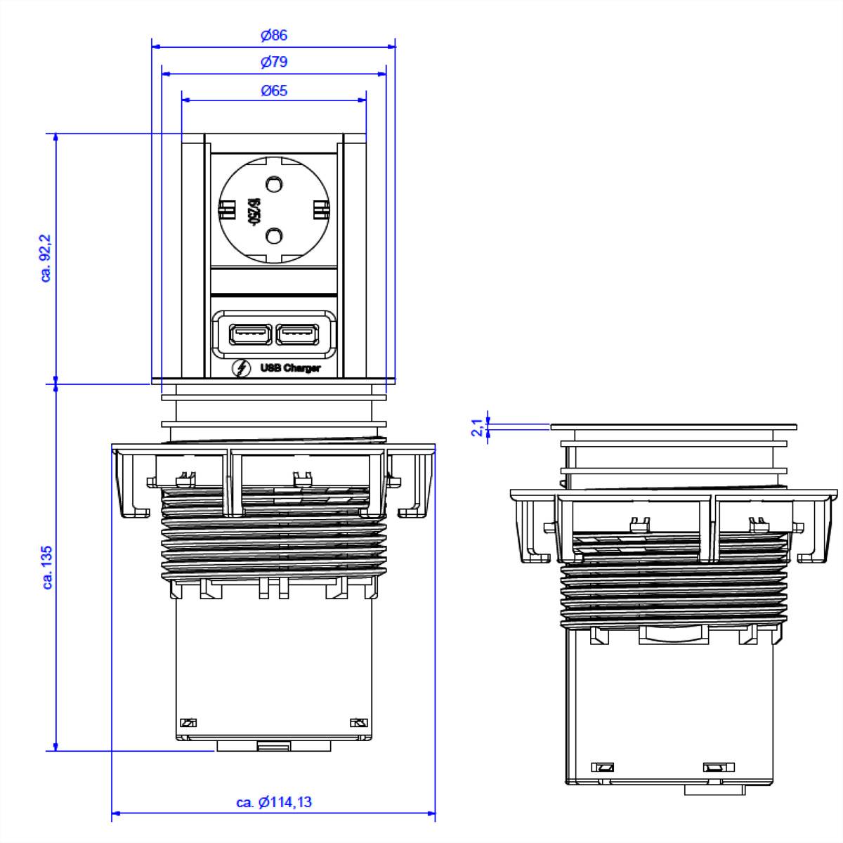 BACHMANN ELEVATOR 1xCEE7/3 USB Charger, Strom 2,0m CEE7/7-4