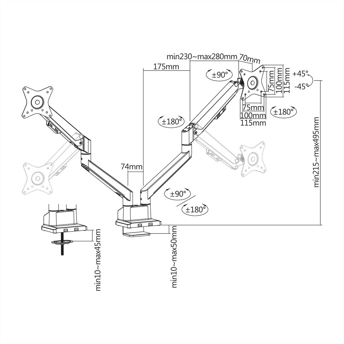 ROLINE LCD-Doppelarm, Tischmontage, Gasfeder, 5 Gelenke, 17-32 Zoll, bis 2x 9 kg, silberfarben-1