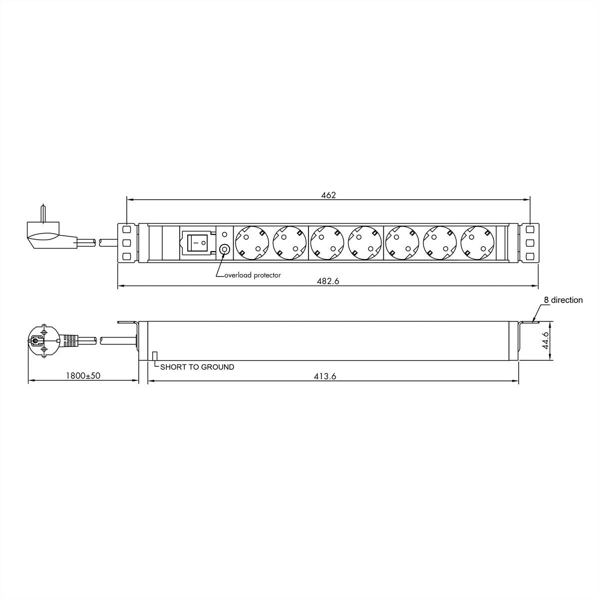 VALUE 19-Zoll-Steckdosenleiste 7fach mit Überlastschutz, 1 HE, Schutzkontakt-Stecker, 1,8 m-1
