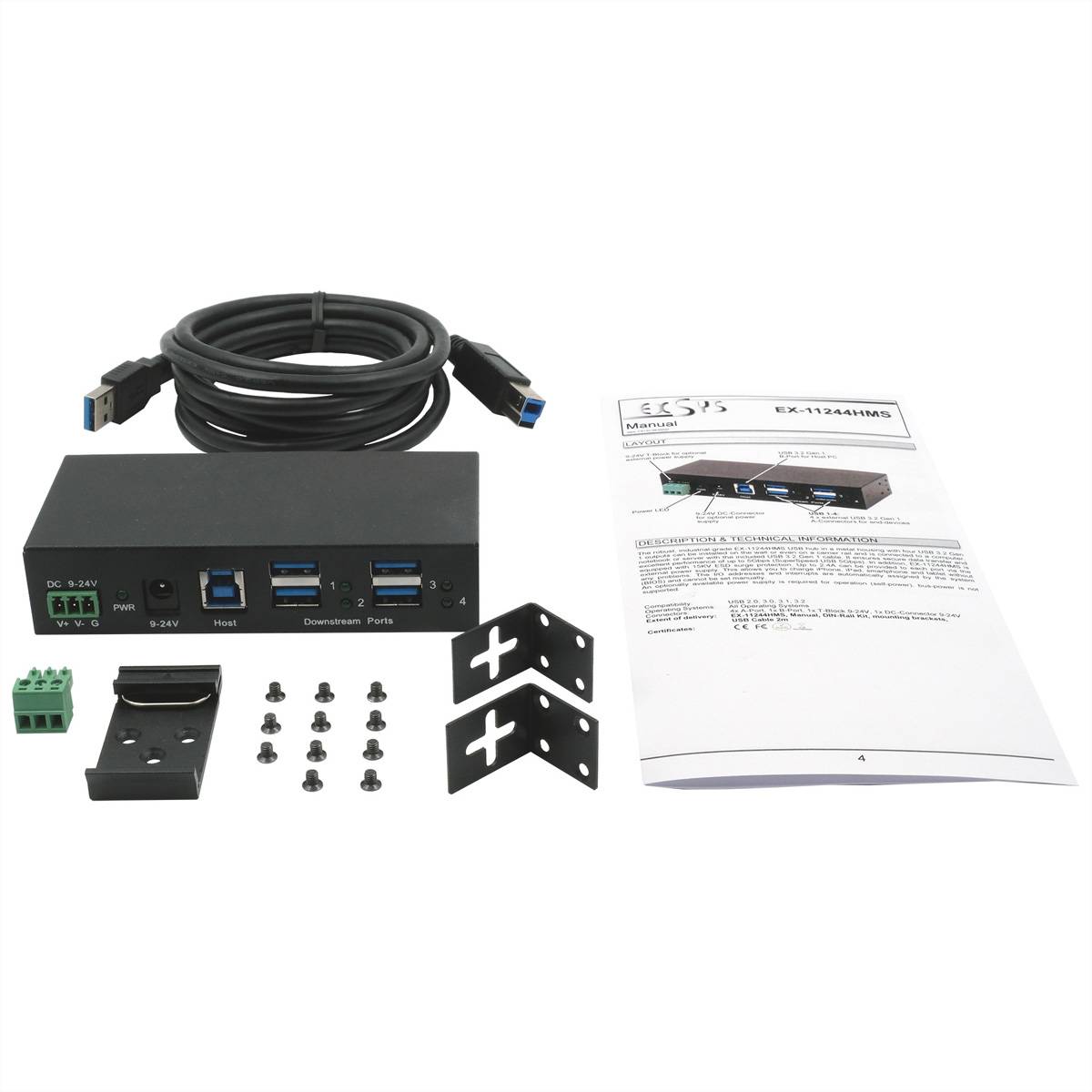 EXSYS EX-11244HMS 4 Port USB 3.2 Gen 1 HUB Din-Rail Kit und Wand VIA VL813 Chipset-3