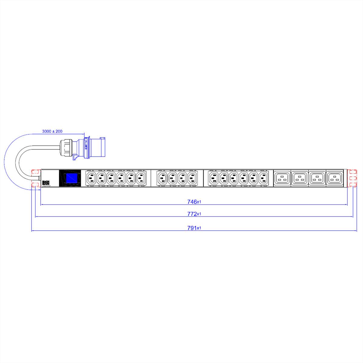 BACHMANN BN0500 19" PDU 1HE 16xC13 4xC19, Leistungsmessung, Anschluss CEE 16A, blau-1
