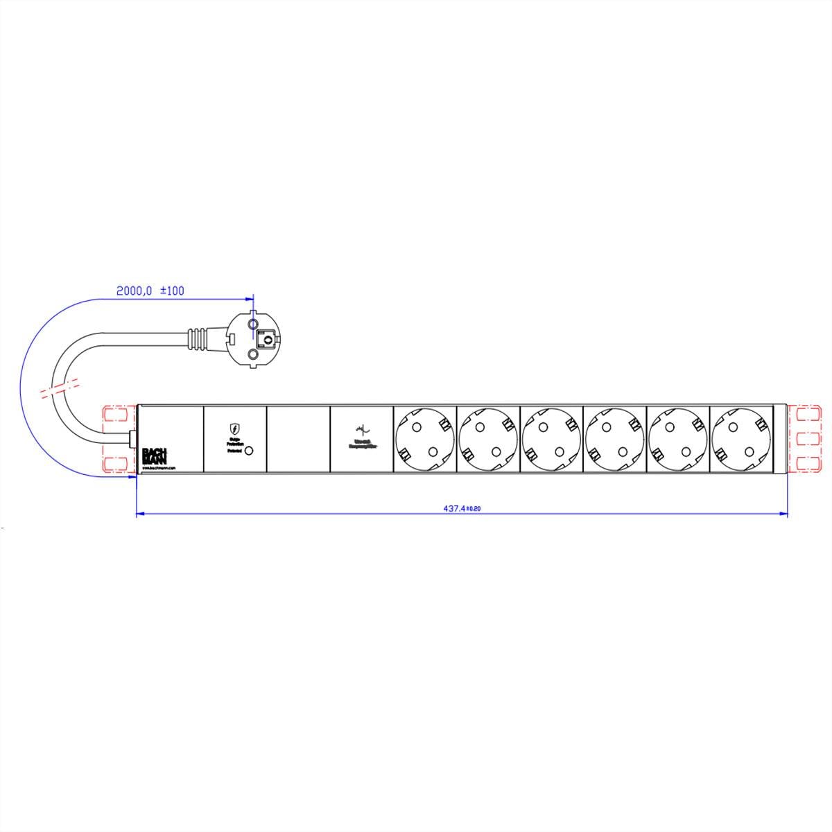 BACHMANN 19" 1HE VM 6xCEE7/3 1xGVS-Plus 2,0m CEE7/7-2