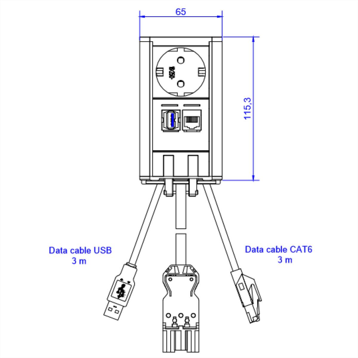 BACHMANN ELEVATOR 1x Schutzkontakt, 1x CAT6, 1x USB 3.0, silberfarben-1