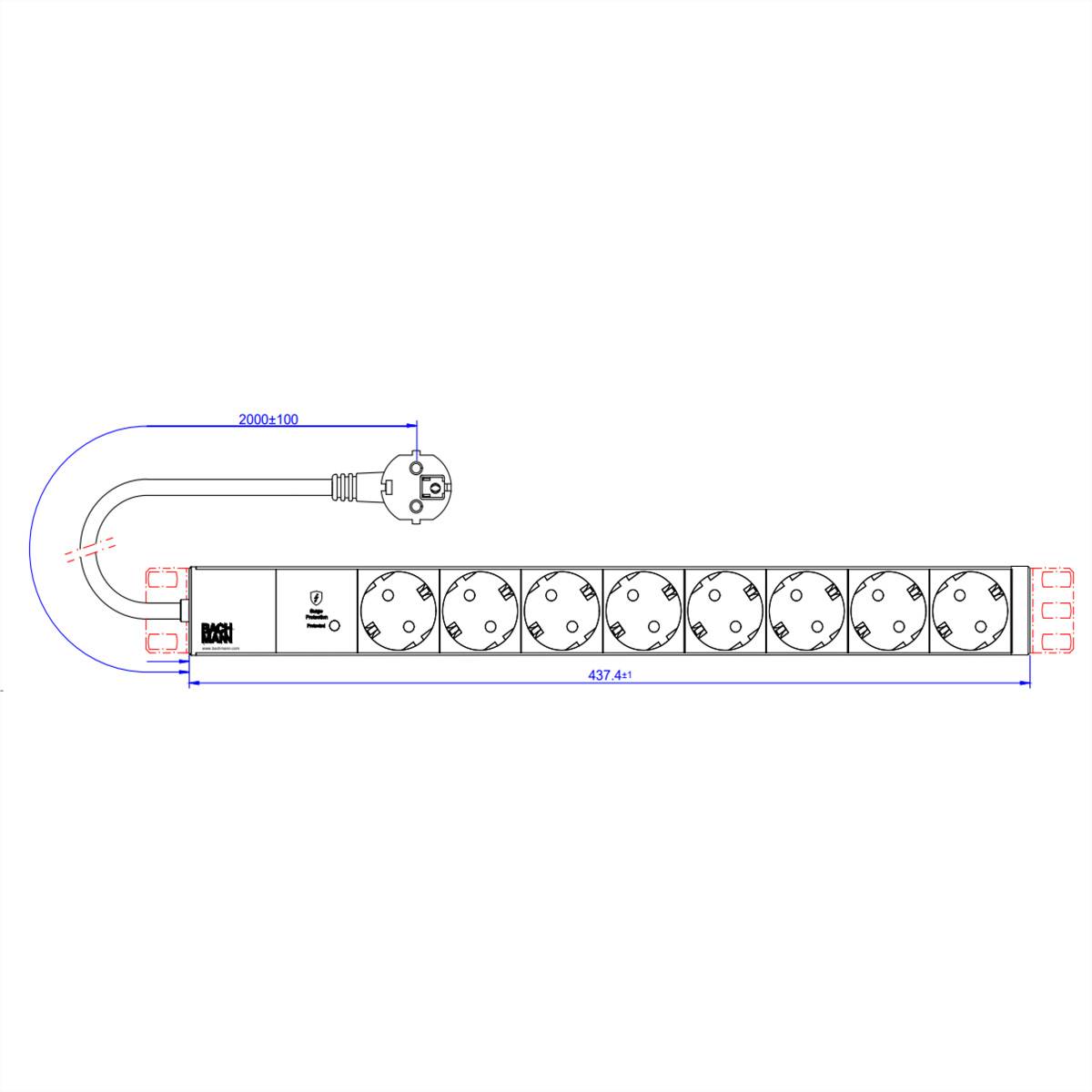BACHMANN 19" 1HE 8xCEE7/3 RAL7035 1xSPD-Plus 2,0m CEE7/7-2