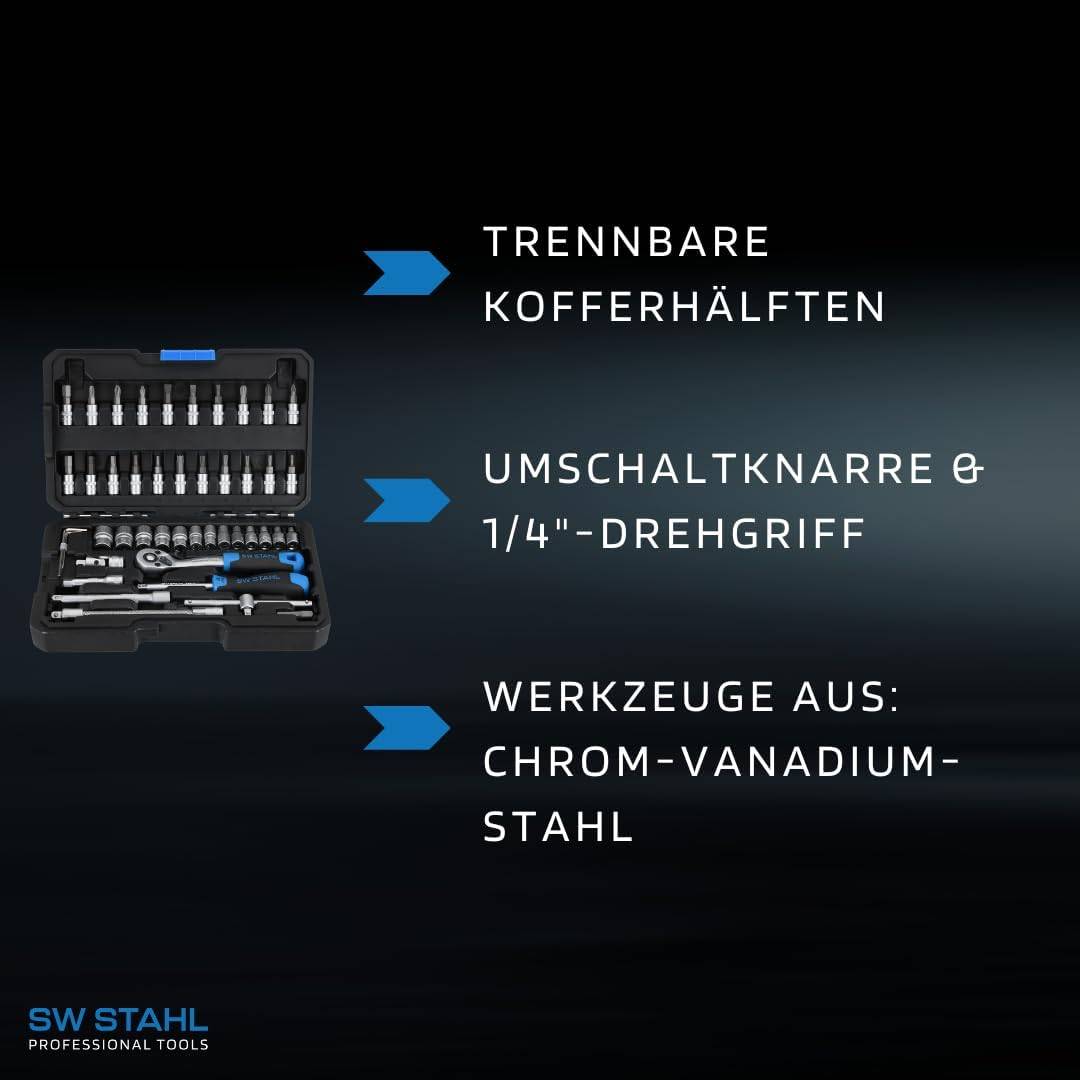 SW-Stahl 07748L Steckschlüsselsatz 1/4" Zoll Sechskant I Werkzeugkoffer 48-teilig I Knarrenkasten klein I Ratschenkasten-2