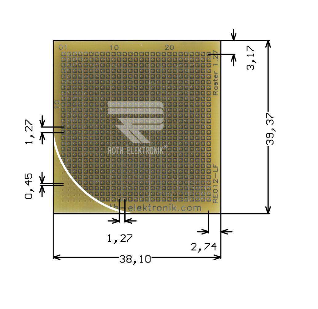 Roth Elektronik RE012-LF Laborkarte FR4 38,1 x 39,2 mm 1,5 mm einseitig RM 1,27 Ø 0,45 mm 35 µm-0