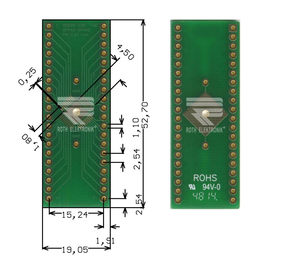 Roth Elektronik RE935-03R IC-Adapterplatine FR4 52,7 x 19,0 mm 1,5 mm zweiseitig RM 2,54 Ø 1,1 mm 35 µm-0