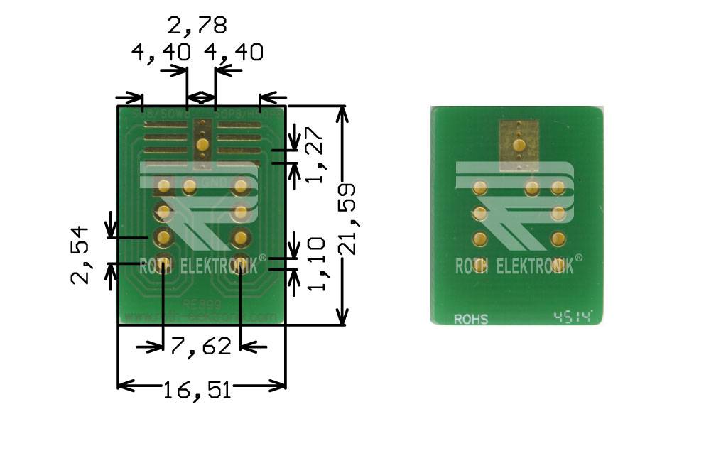 Roth Elektronik RE899 IC-Adapterplatine FR4 21,6 x 16,5 mm 1,5 mm zweiseitig RM 2,54 Ø 1,1 mm 35 µm-0