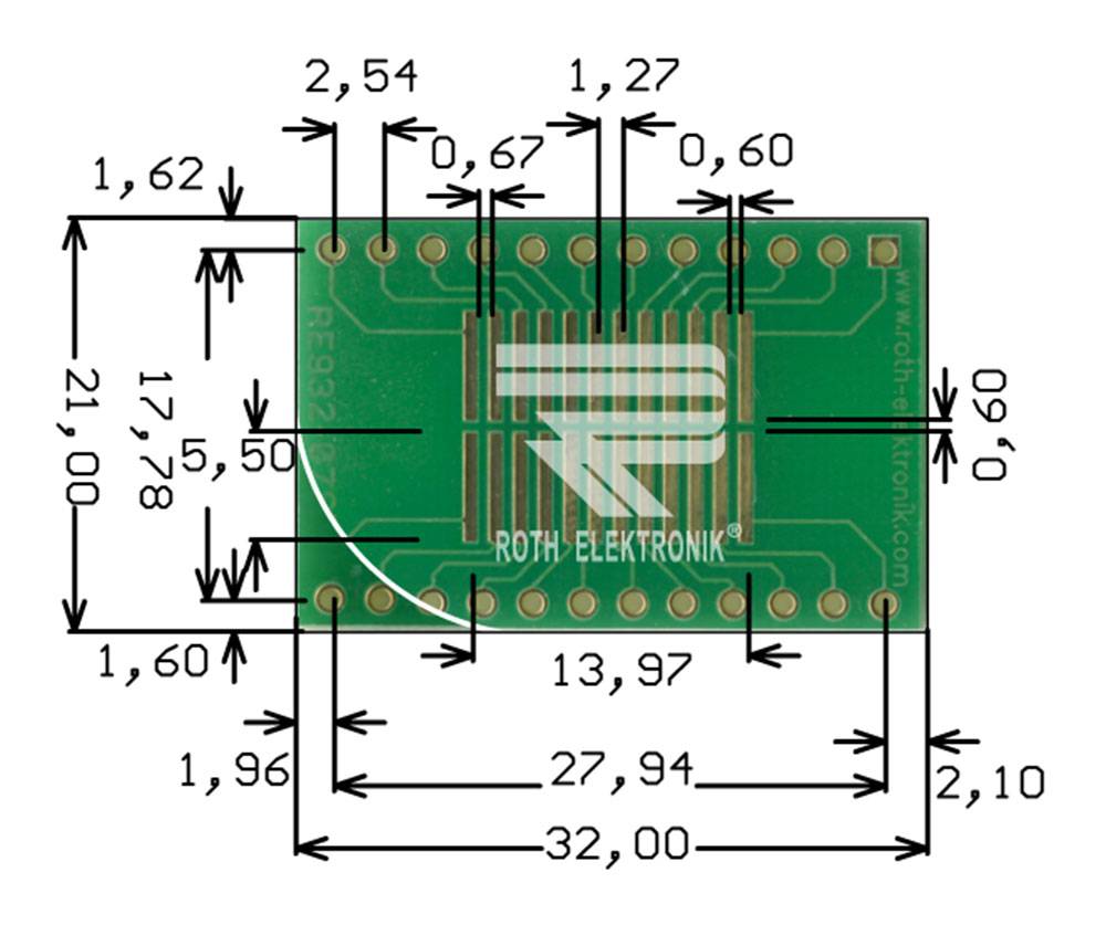 Roth Elektronik RE932-07ST IC-Adapterplatine FR4 32,0 x 21,0 mm 1,5 mm zweiseitig RM 2,54 Ø 1,1 mm 35 µm-0