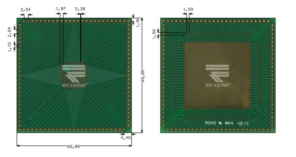 Roth Elektronik RE934-05E IC-Adapterplatine FR4 69,8 x 69,8 mm 1,5 mm zweiseitig RM 2,54 Ø 1,1 mm 35 µm-0