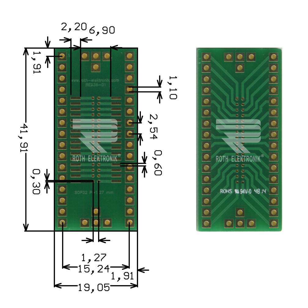 Roth Elektronik RE936-01 IC-Adapterplatine FR4 19,0 x 41,9 mm 1,5 mm zweiseitig RM 2,54 Ø 1,1 mm 35 µm-0
