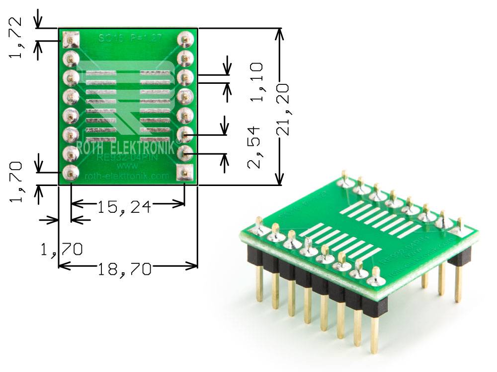 Roth Elektronik RE932-04PIN IC-Adapterplatine FR4 21,2 x 18,7 mm 1,5 mm zweiseitig RM 2,54 Ø 1,1 mm 35 µm-0