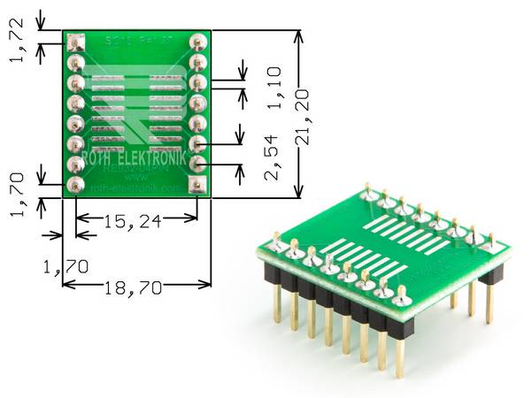 Roth Elektronik RE932-04PIN IC-Adapterplatine FR4 21,2 x 18,7 mm 1,5 mm zweiseitig RM 2,54 Ø 1,1 mm 35 µm