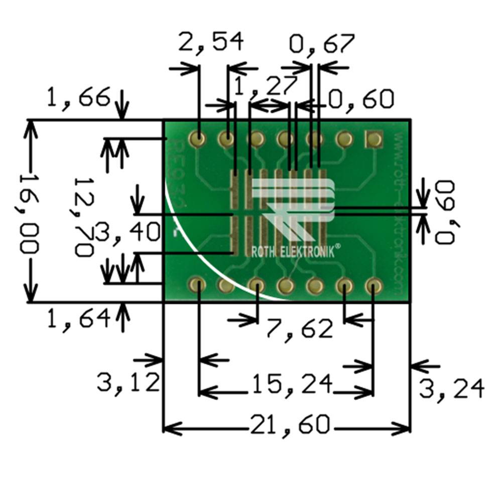 Roth Elektronik RE932-03ST IC-Adapterplatine FR4 21,6 x 16,0 mm 1,5 mm zweiseitig RM 2,54 Ø 1,1 mm 35 µm-0