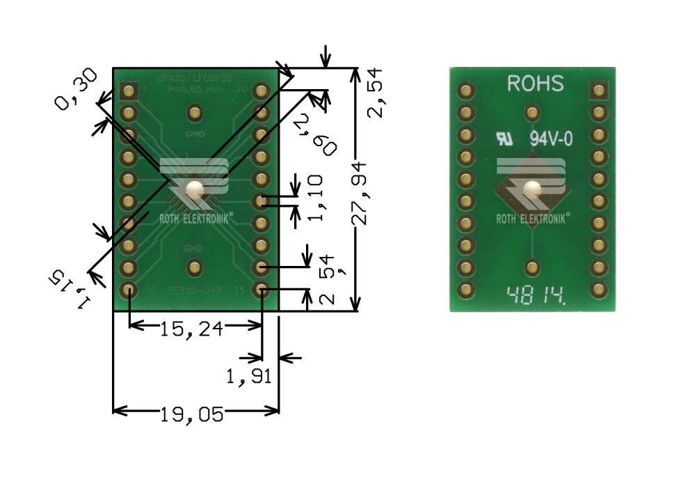 Roth Elektronik RE935-04R IC-Adapterplatine FR4 27,9 x 19,0 mm 1,5 mm zweiseitig RM 2,54 Ø 1,1 mm 35 µm-0