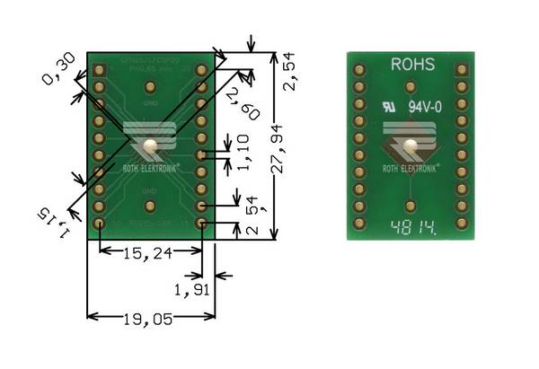 Roth Elektronik RE935-04R IC-Adapterplatine FR4 27,9 x 19,0 mm 1,5 mm zweiseitig RM 2,54 Ø 1,1 mm 35 µm