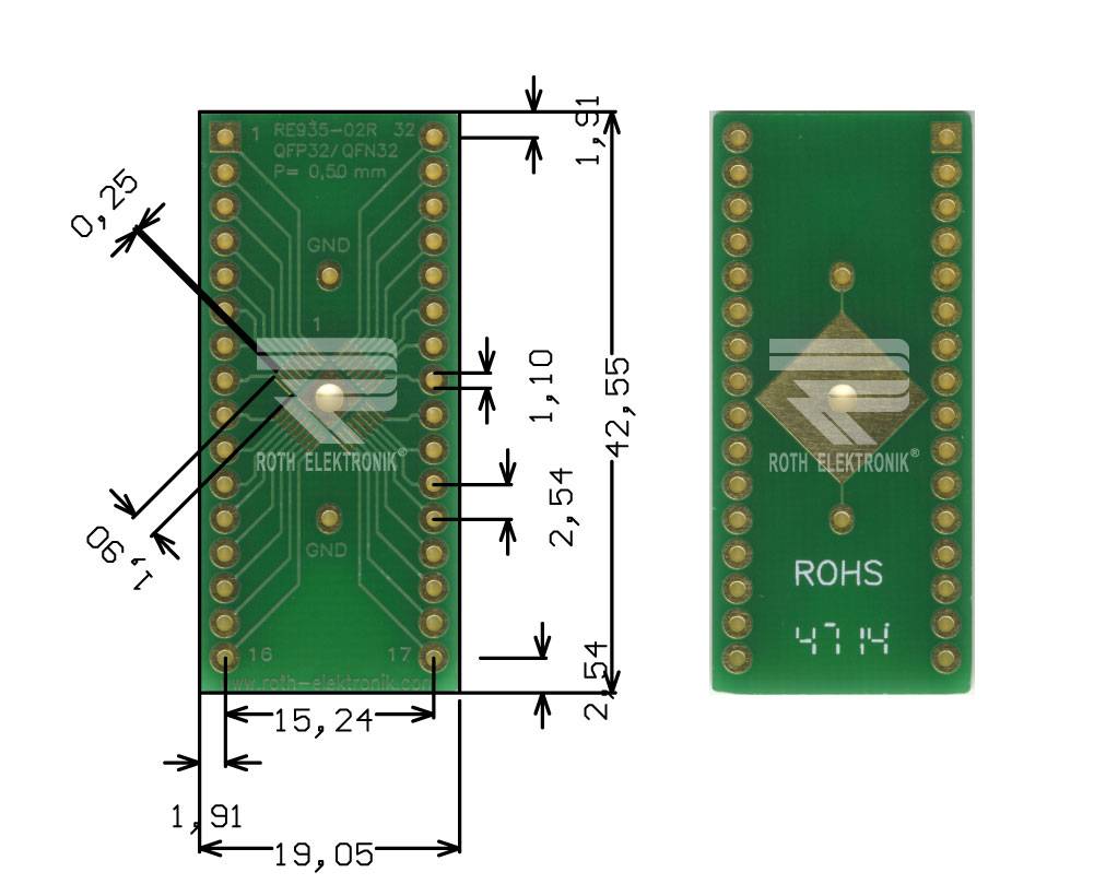 Roth Elektronik RE935-02R IC-Adapterplatine FR4 42,6 x 19,0 mm 1,5 mm zweiseitig RM 2,54 Ø 1,1 mm 35 µm-0