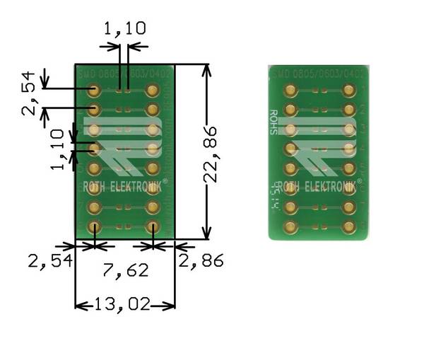 Roth Elektronik RE905 IC-Adapterplatine FR4 22,9 x 13,0 mm 1,5 mm zweiseitig RM 2,54 Ø 1,1 mm 35 µm