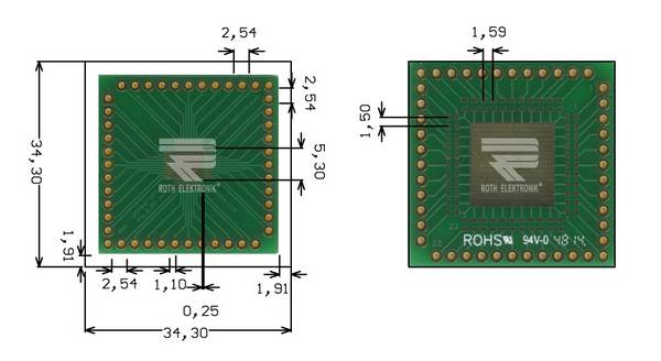 Roth Elektronik RE934-01E IC-Adapterplatine FR4 43,3 x 34,3 mm 1,5 mm zweiseitig RM 2,54 Ø 1,1 mm 35 µm