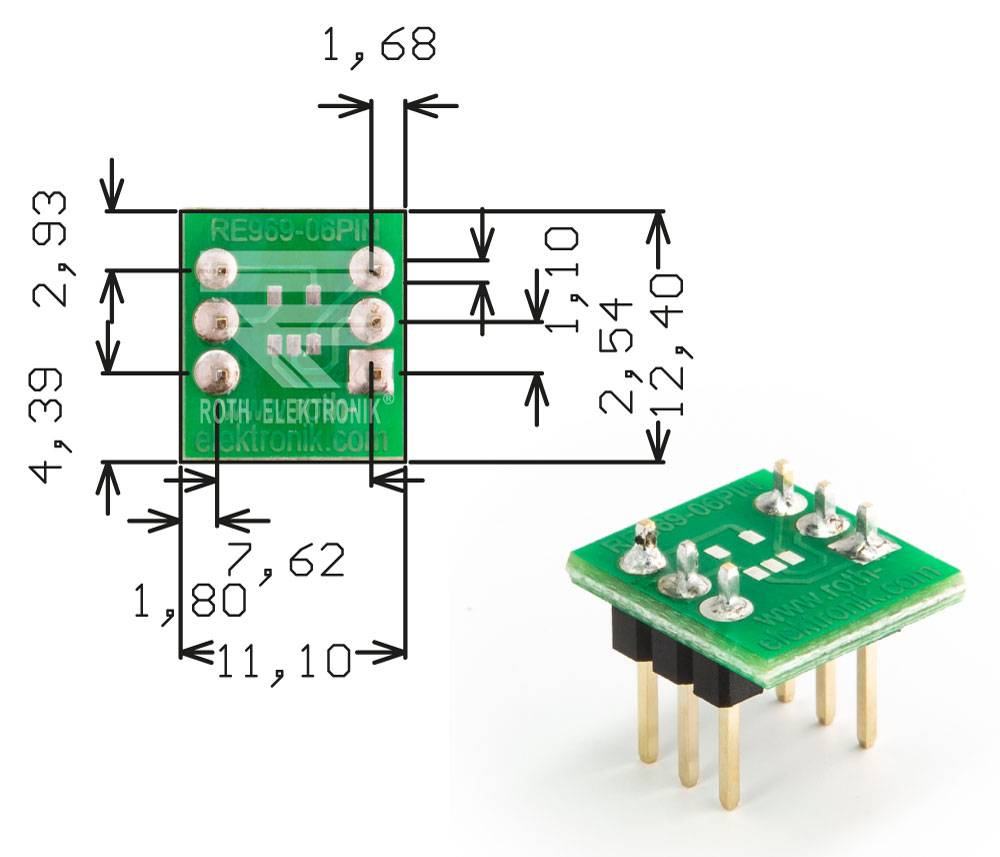 Roth Elektronik RE969-06PIN IC-Adapterplatine FR4 12,4 x 11,1 mm 1,5 mm zweiseitig RM 2,54 Ø 1,1 mm 35 µm-0
