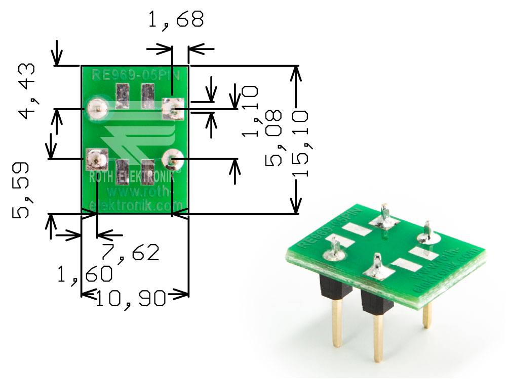 Roth Elektronik RE969-05PIN IC-Adapterplatine FR4 15,1 x 10,9 mm 1,5 mm zweiseitig RM 2,54 Ø 1,1 mm 35 µm-0