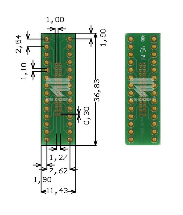 Roth Elektronik RE937-04 IC-Adapterplatine FR4 36,8 x 11,4 mm 1,5 mm zweiseitig RM 1,27 Ø 1,1 mm 35 µm