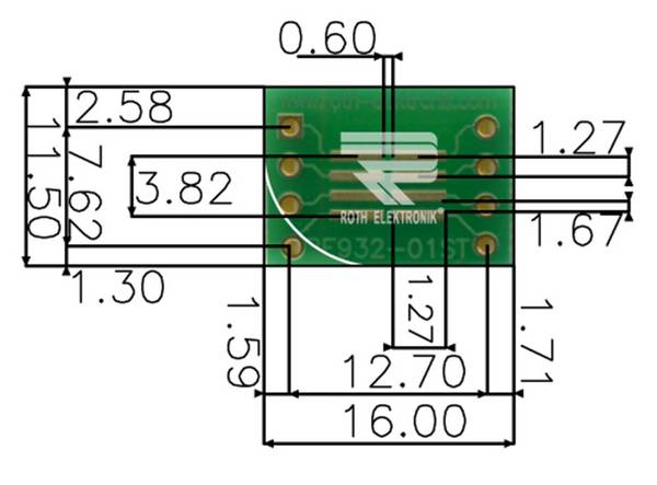 Roth Elektronik RE932-01ST IC-Adapterplatine FR4 16,0 x 11,5 mm 1,5 mm zweiseitig RM 2,54 Ø 1,1 mm 35 µm
