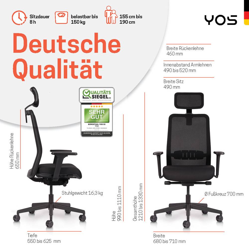 YOS ergonomischer Bürostuhl YOS S5, Netzrücken, gesundes Sitzen, gg. Rückenschmerzen, MADEinGER-0