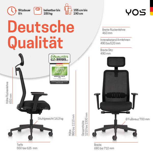 YOS ergonomischer Bürostuhl YOS S5, Netzrücken, gesundes Sitzen, gg. Rückenschmerzen, MADEinGER
