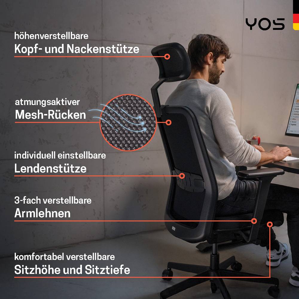 YOS ergonomischer Bürostuhl YOS S5, Netzrücken, gesundes Sitzen, gg. Rückenschmerzen, MADEinGER-3