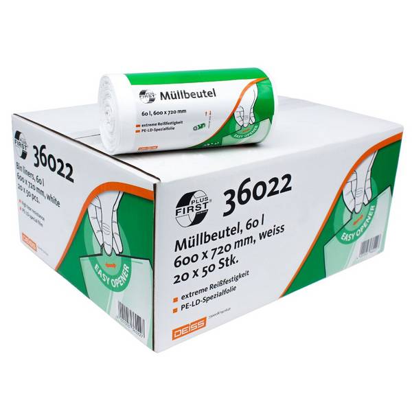 DEISS First Plus® Müllbeutel 60 Liter, Premium-LDPE, 36022 - Karton / 60 Liter | Karton (20 Rollen)