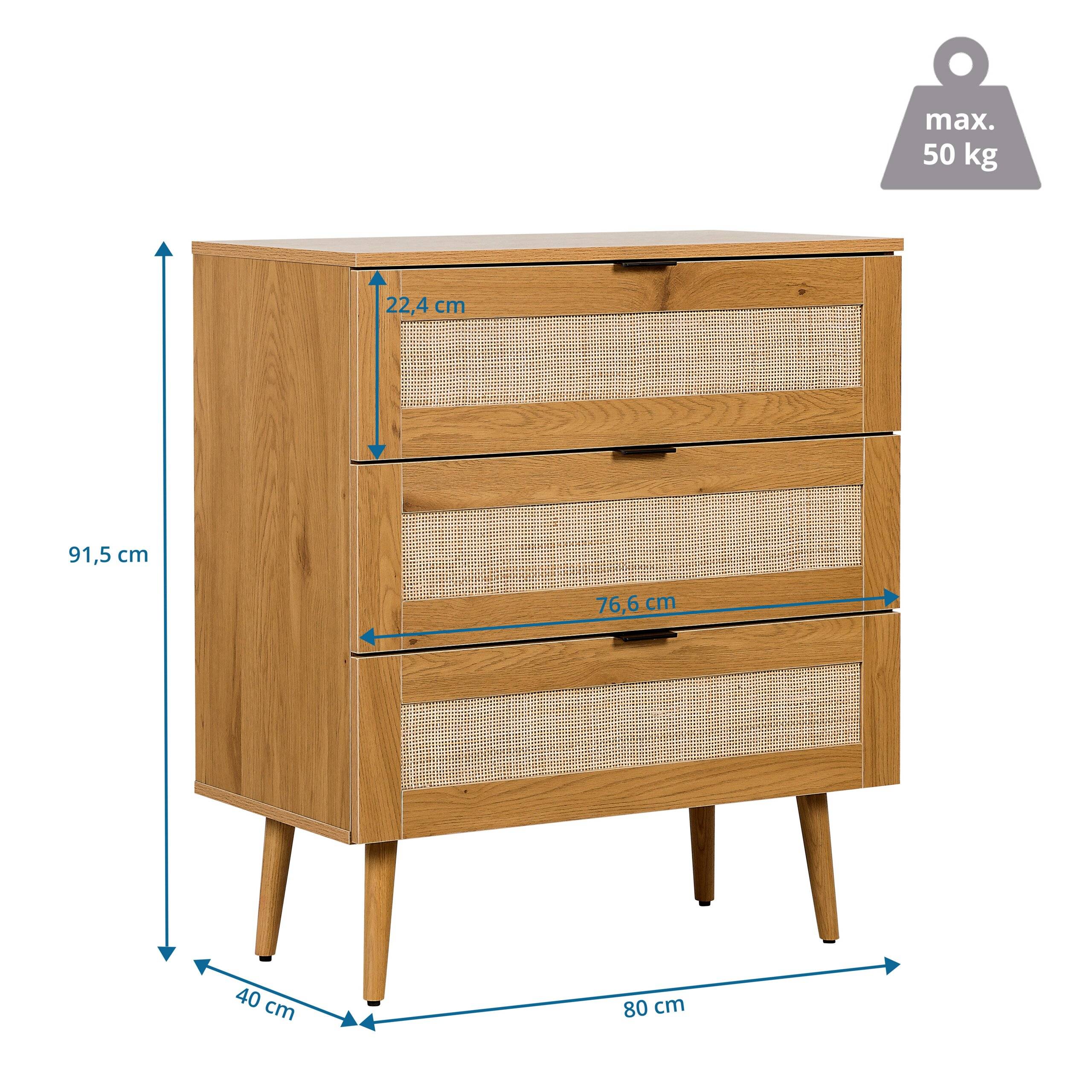 Kommode BOHEO K 80x40x91 cm 3 Schubladen Rattangeflecht eiche hjh LIVING-1