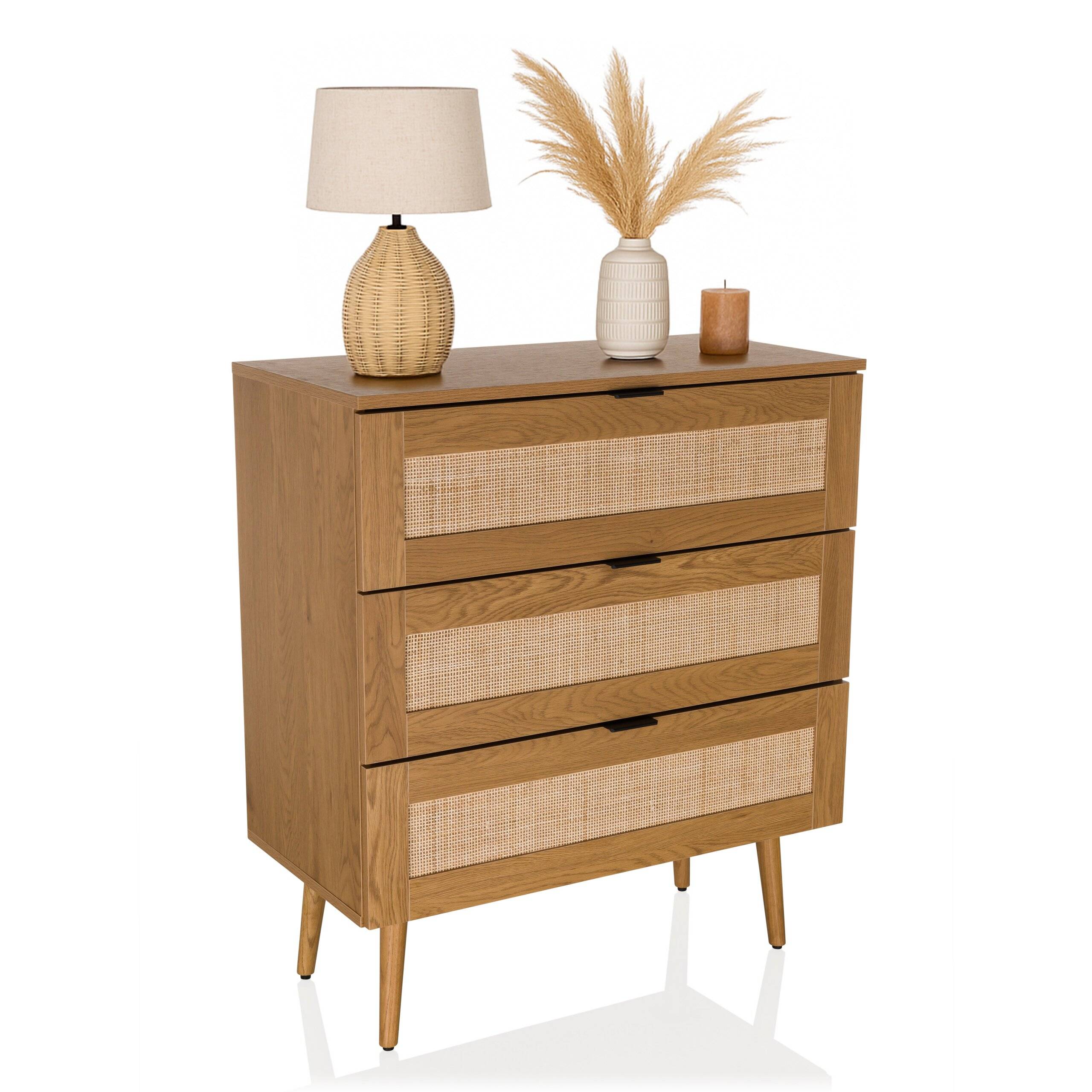Kommode BOHEO K 80x40x91 cm 3 Schubladen Rattangeflecht eiche hjh LIVING-2