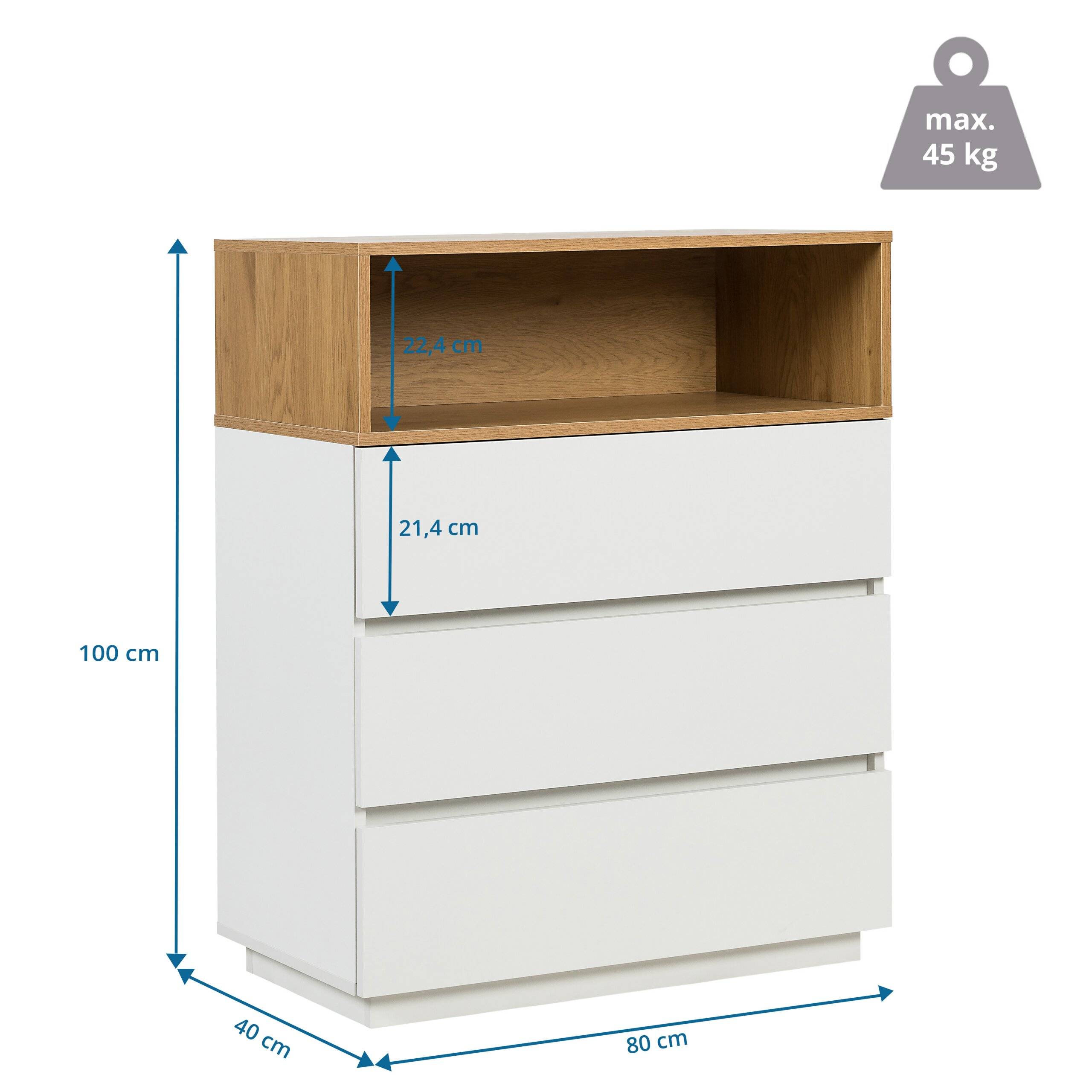 Kommode MELMO K 80x40x100 cm 3 Schubladen weiß/eiche hjh LIVING-1
