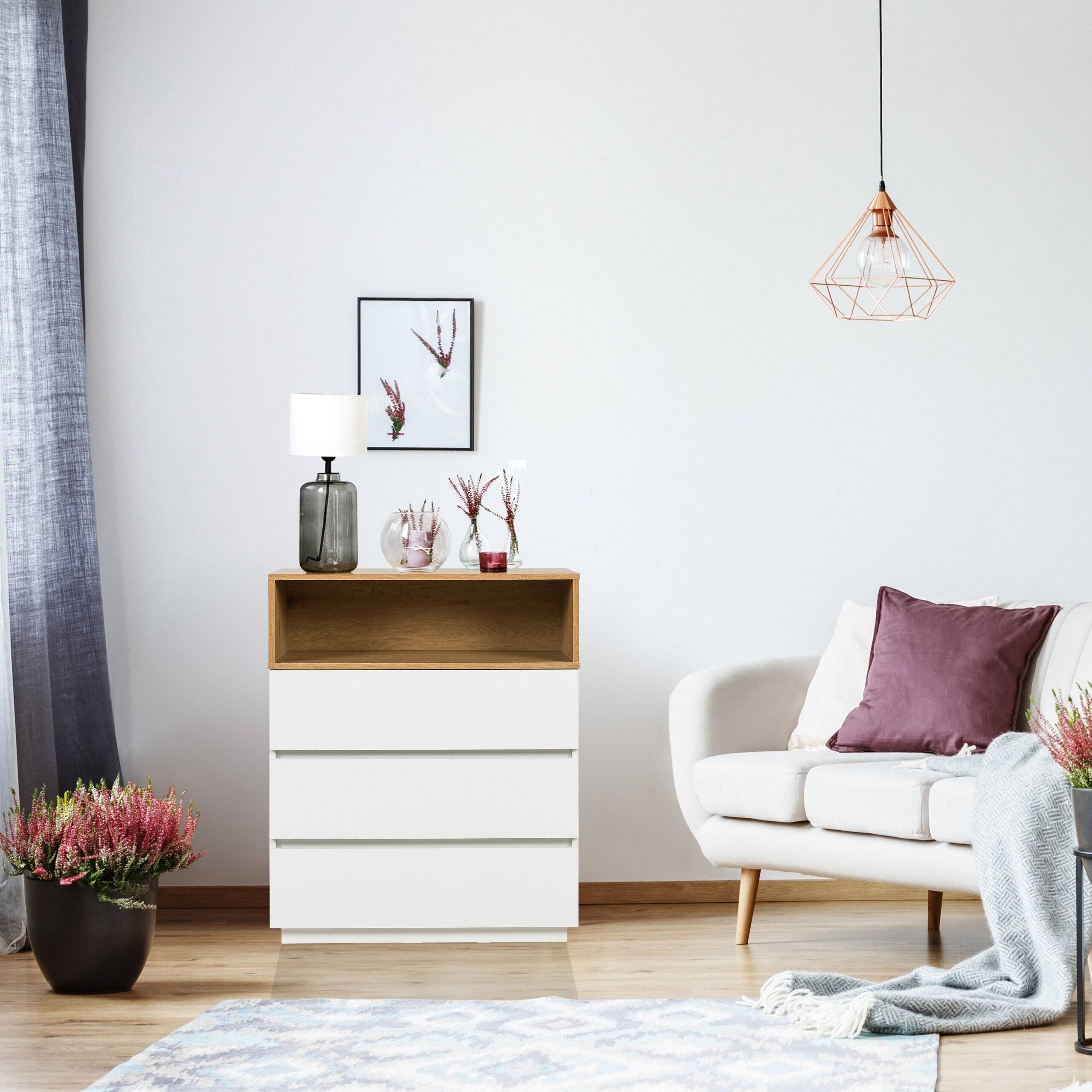 Kommode MELMO K 80x40x100 cm 3 Schubladen weiß/eiche hjh LIVING-4