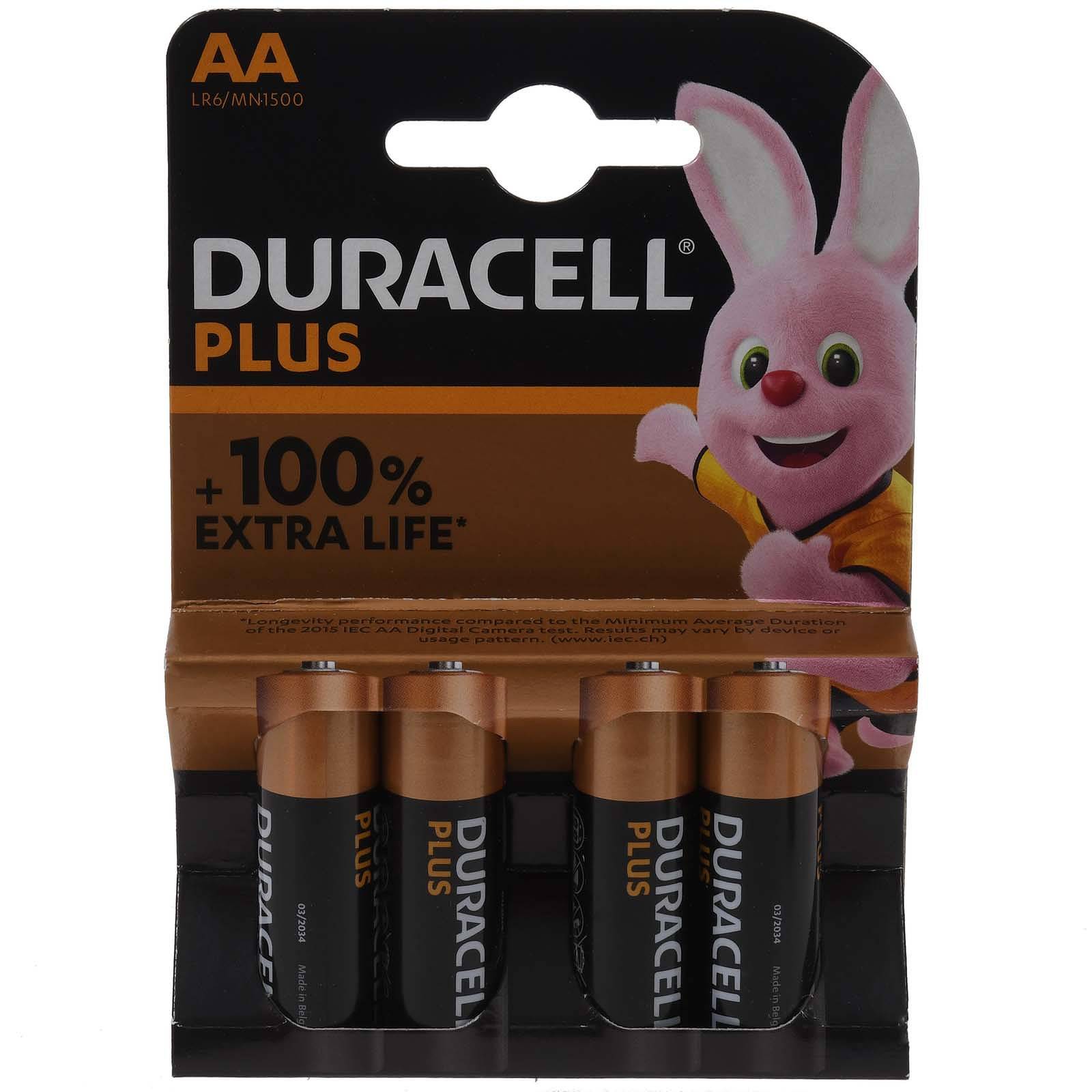 Duracell Batterie Alkaline Mignon AA LR06 1.5V Plus Extra Life 4er Blister, 1,5V, Alkaline-0