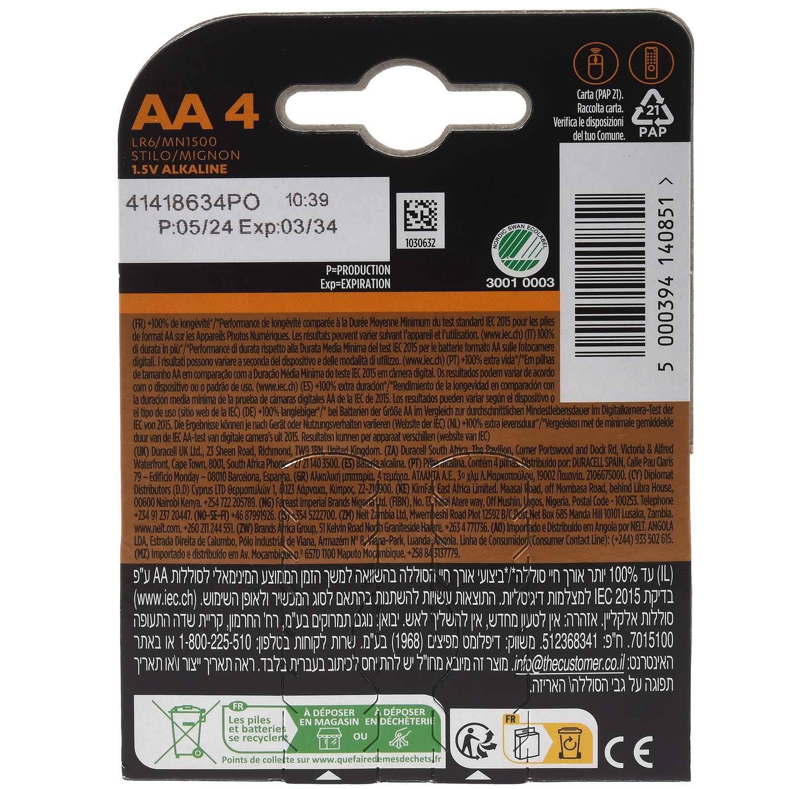 Duracell Batterie Alkaline Mignon AA LR06 1.5V Plus Extra Life 4er Blister, 1,5V, Alkaline-1