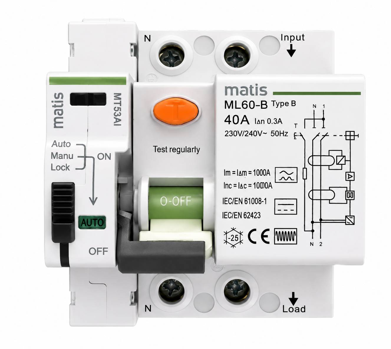 Matismart Autorecloser mit FI-Schutzschalter Typ B allstromsensitiv,Wiedereinschaltautomat 2 Pol 40A 300mA-0