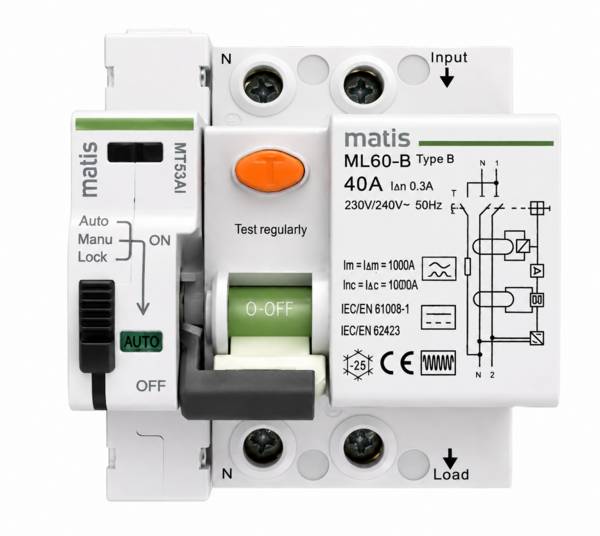 Matismart Autorecloser mit FI-Schutzschalter Typ B allstromsensitiv,Wiedereinschaltautomat 2 Pol 40A 300mA