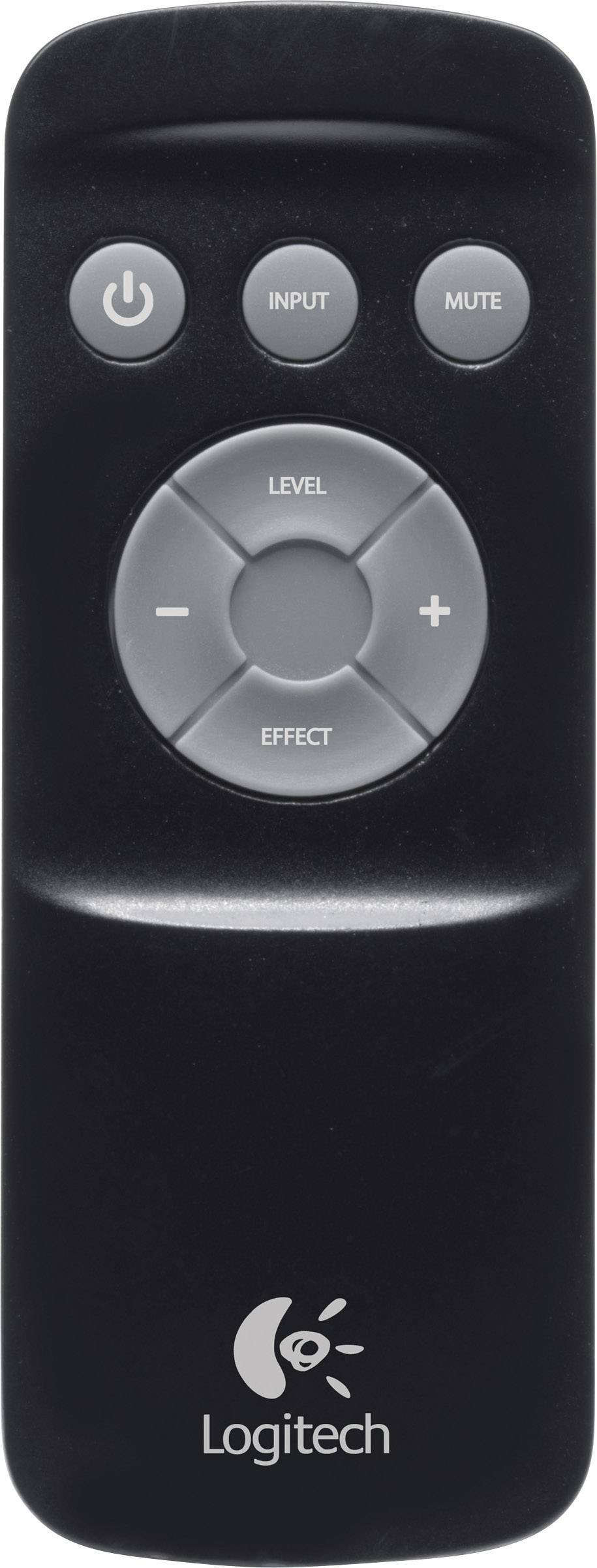 Schwarze Logitech-Fernbedienung mit Tasten für Ein/Aus, Input, Stummschalten und Lautstärkeregelung. Oberseite des Geräts abgebildet.