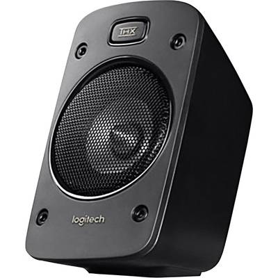 Schwarzer Lautsprecher von Logitech mit sichtbarem Lautsprechergitter und THX-Logo oben, geeignet für hochwertigen Klang.