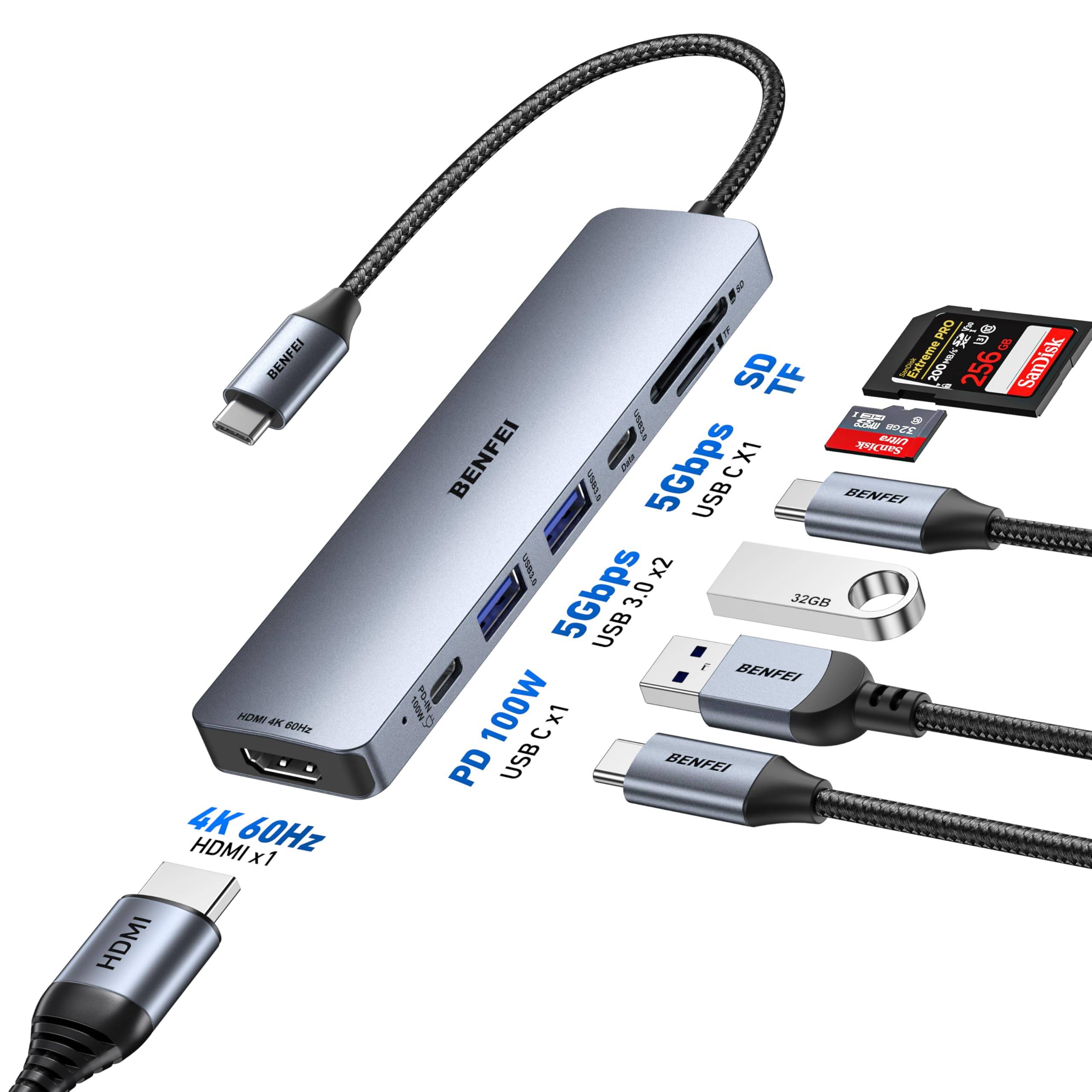 BENFEI 7-in-1 USB C Hub mit HDMI 4K@60Hz, 2 USB-A, 1 USB-C Daten, 100W Aufladung, SD/TF Kartenleser-2