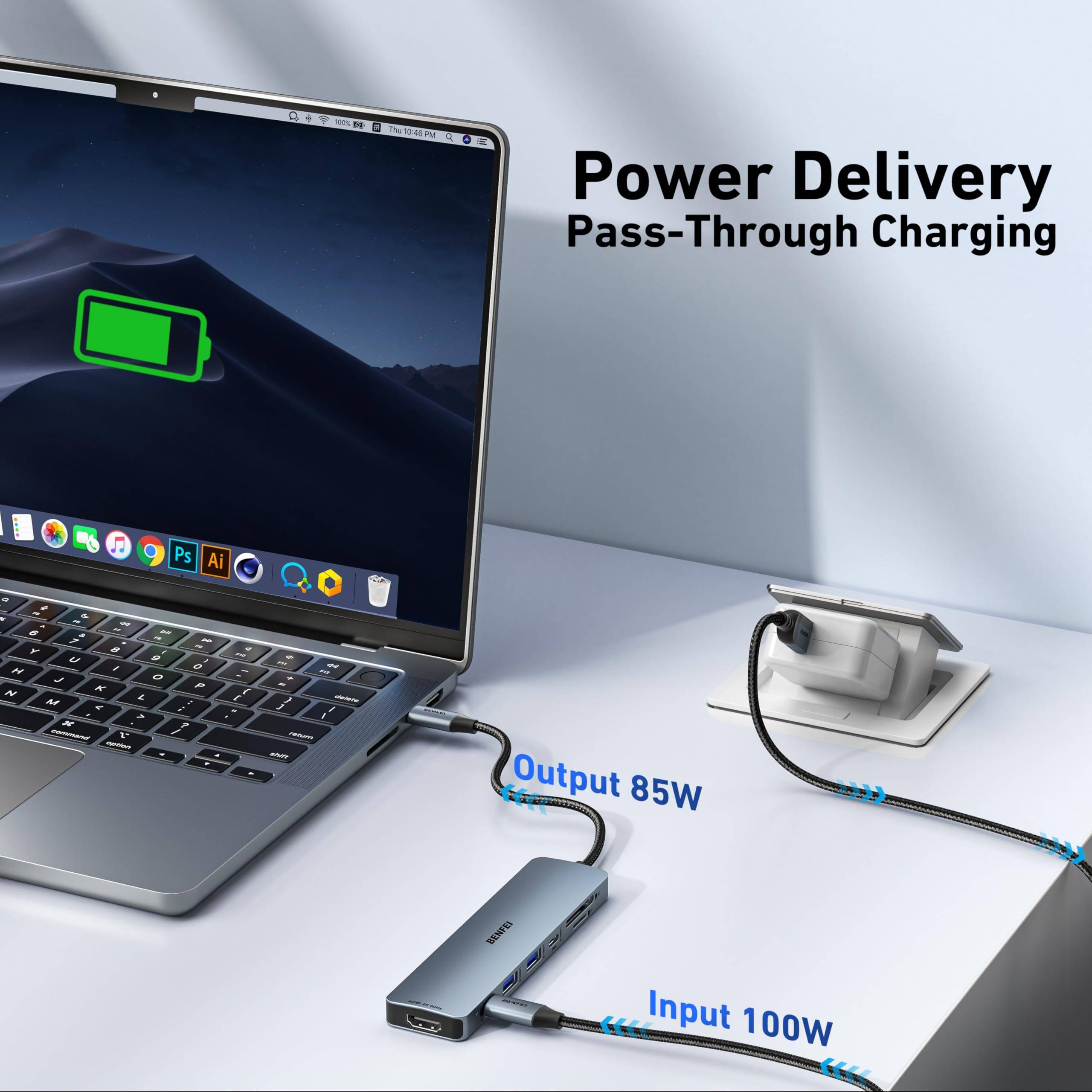 BENFEI 7-in-1 USB C Hub mit HDMI 4K@60Hz, 2 USB-A, 1 USB-C Daten, 100W Aufladung, SD/TF Kartenleser-4