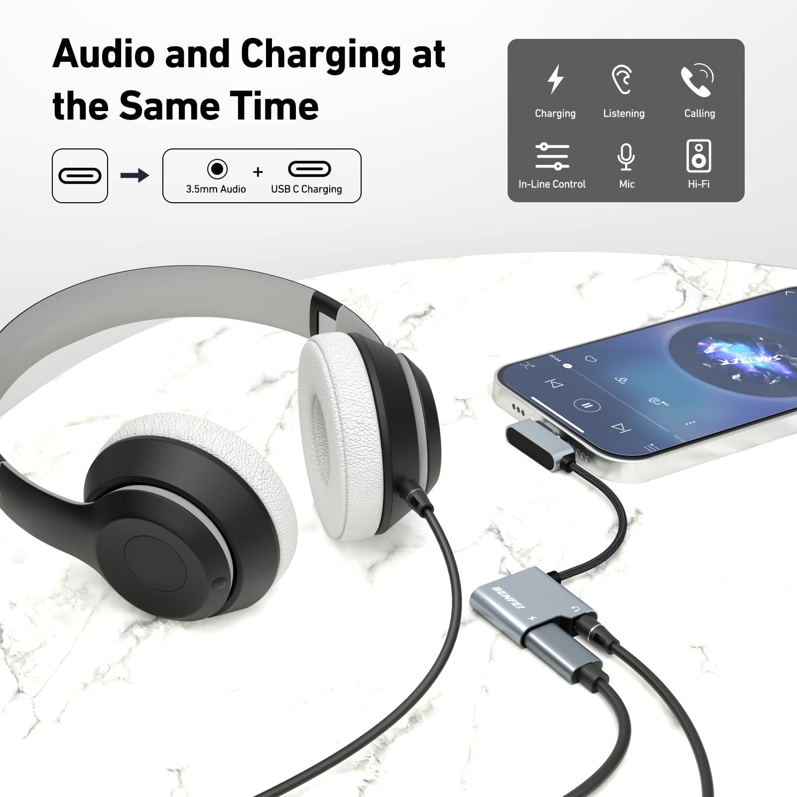 BENFEI USB-C-auf-Audio-Klinkenadapter mit 60-W-Schnellladung, USB-C auf 3,5-mm-Kopfhörerbuchse-1