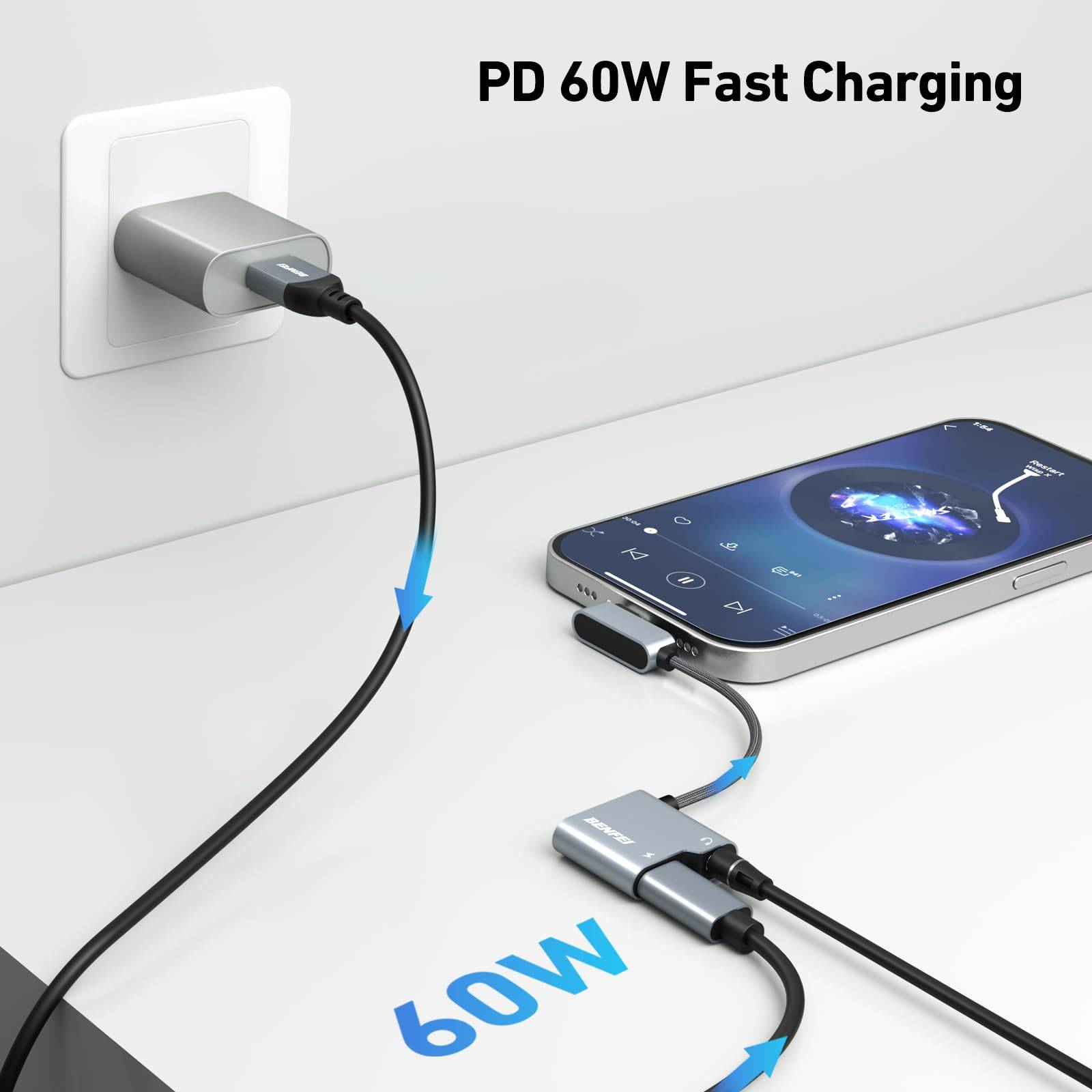 BENFEI USB-C-auf-Audio-Klinkenadapter mit 60-W-Schnellladung, USB-C auf 3,5-mm-Kopfhörerbuchse-2