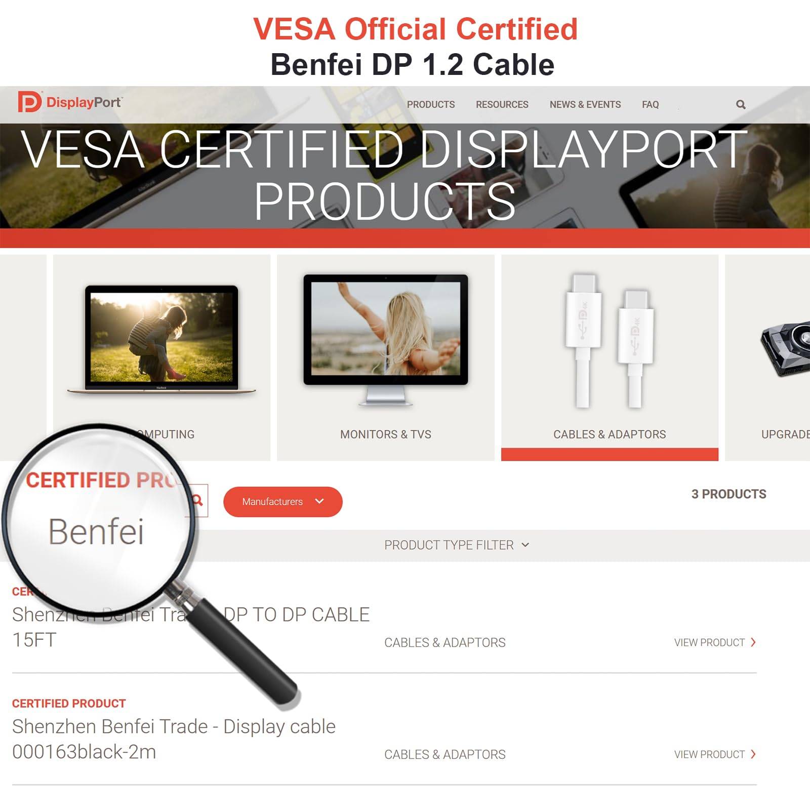 BENFEI [VESA Zertifiziert] DisplayPort DP 1.2 Kabel 1,8M 4K, DisplayPort auf DisplayPort 4K@60Hz 2K@165Hz/144Hz/120Hz-1