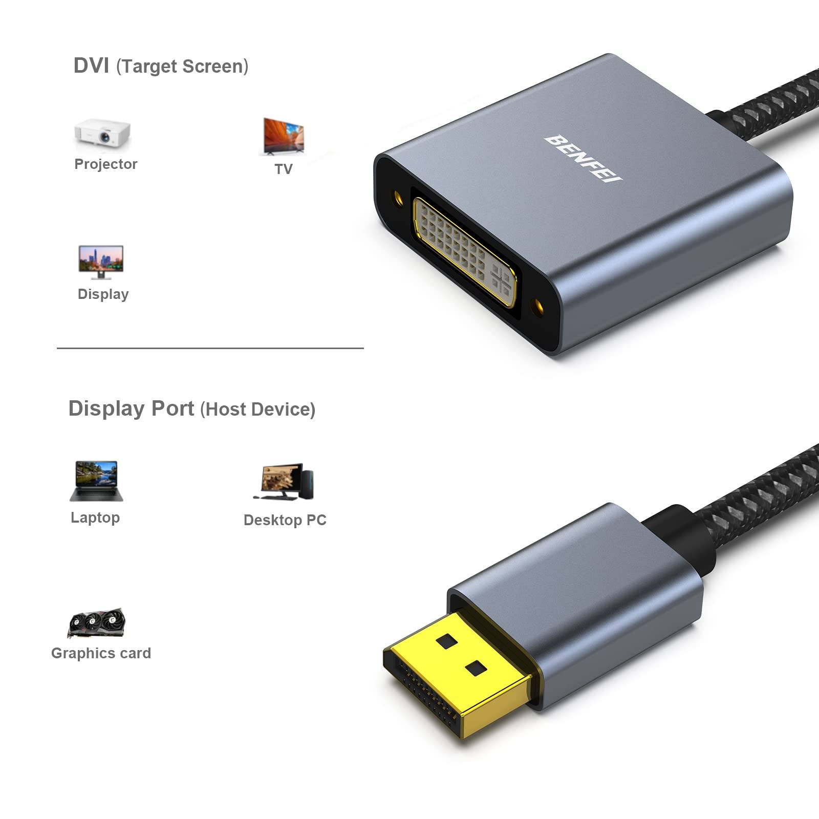 DisplayPort zu DVI Adapter, BENFEI DisplayPort zu DVI-D-Adapter Vergoldetes Kabel von Stecker zu Buchse-2