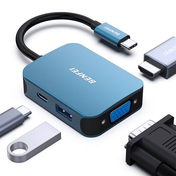 BENFEI USB C HUB 4in1,USB C Multiport-Adapter mit 4K HDMI/ 1080P VGA/ 5Gbps USB 3.0 Data Port/Typ C 60W Power Delivery