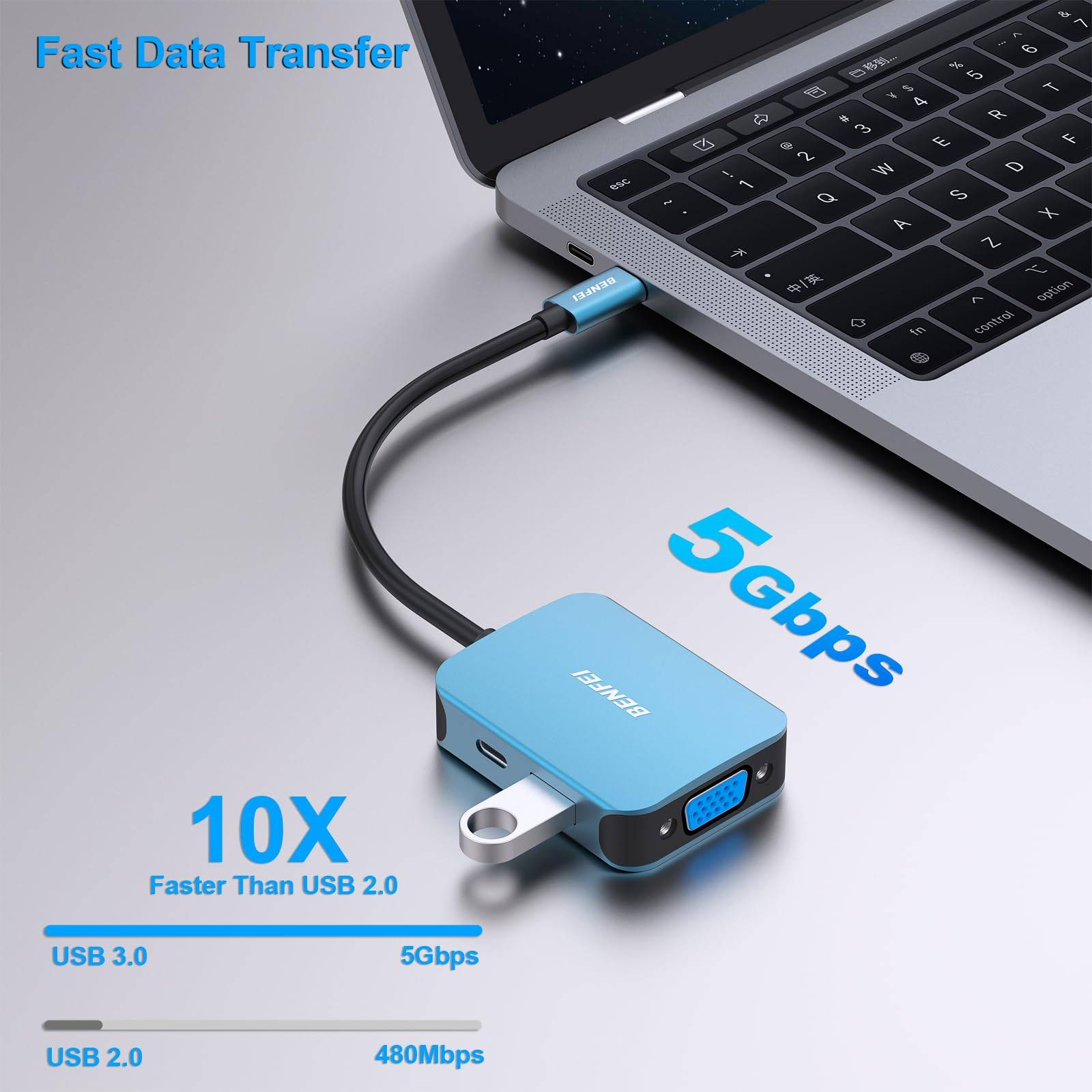 BENFEI USB C HUB 4in1,USB C Multiport-Adapter mit 4K HDMI/ 1080P VGA/ 5Gbps USB 3.0 Data Port/Typ C 60W Power Delivery-2